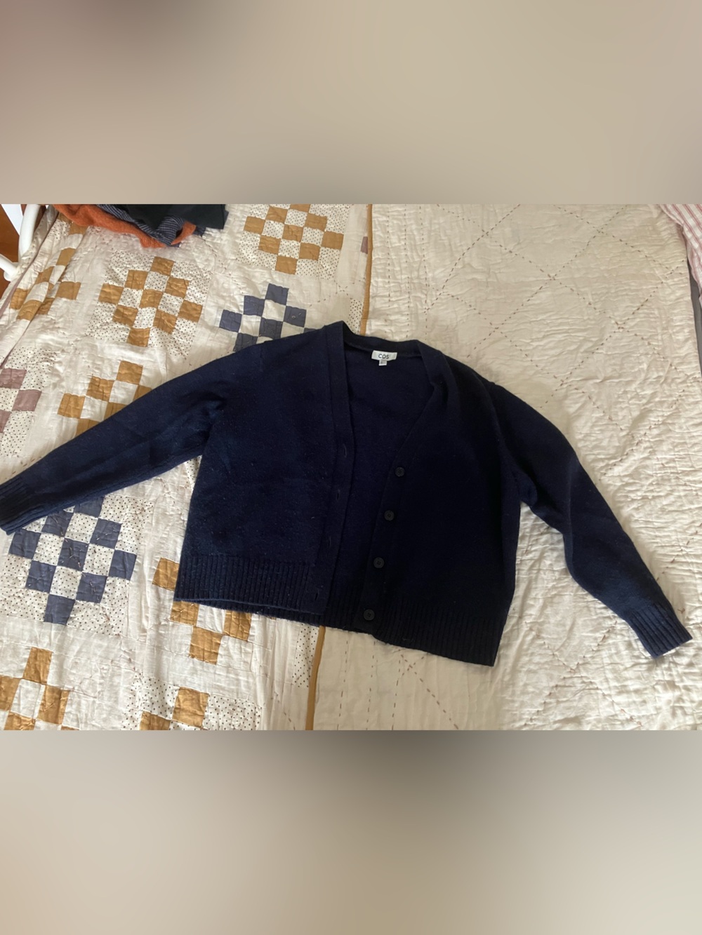 COS Navy Button-Up Boxy V-Neck Cardigan 100% Wool